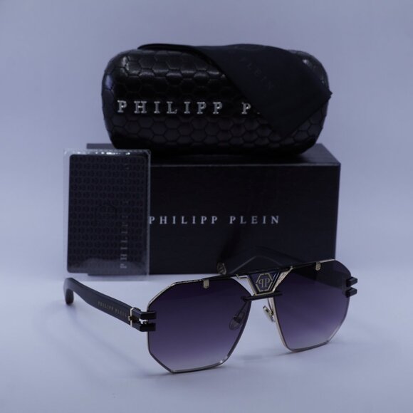 Philipp Plein SPP077M 0302 Sunglasses Black/Gold Aviator Frame, Grey Lenses - Picture 10 of 10